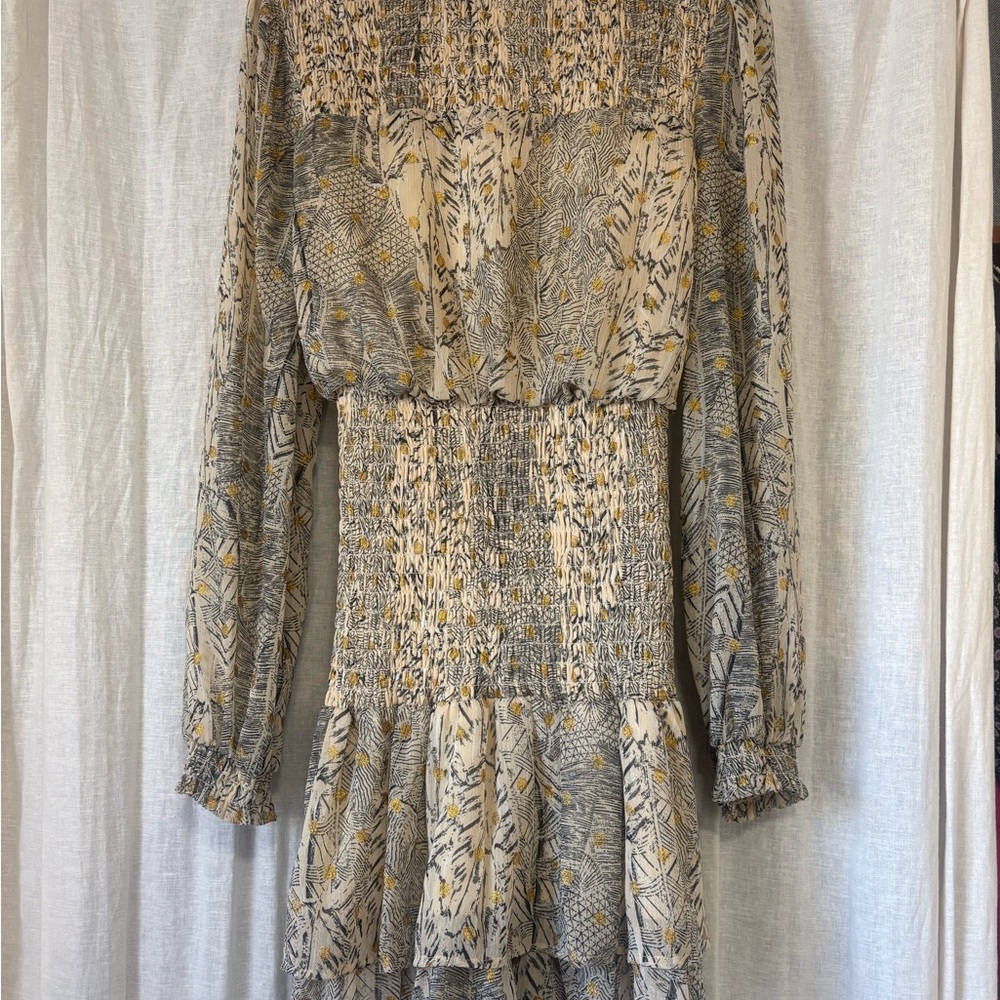 Aqua Long Sleeve Smocked Printed Dress in Beige, Gray and Gold Accents